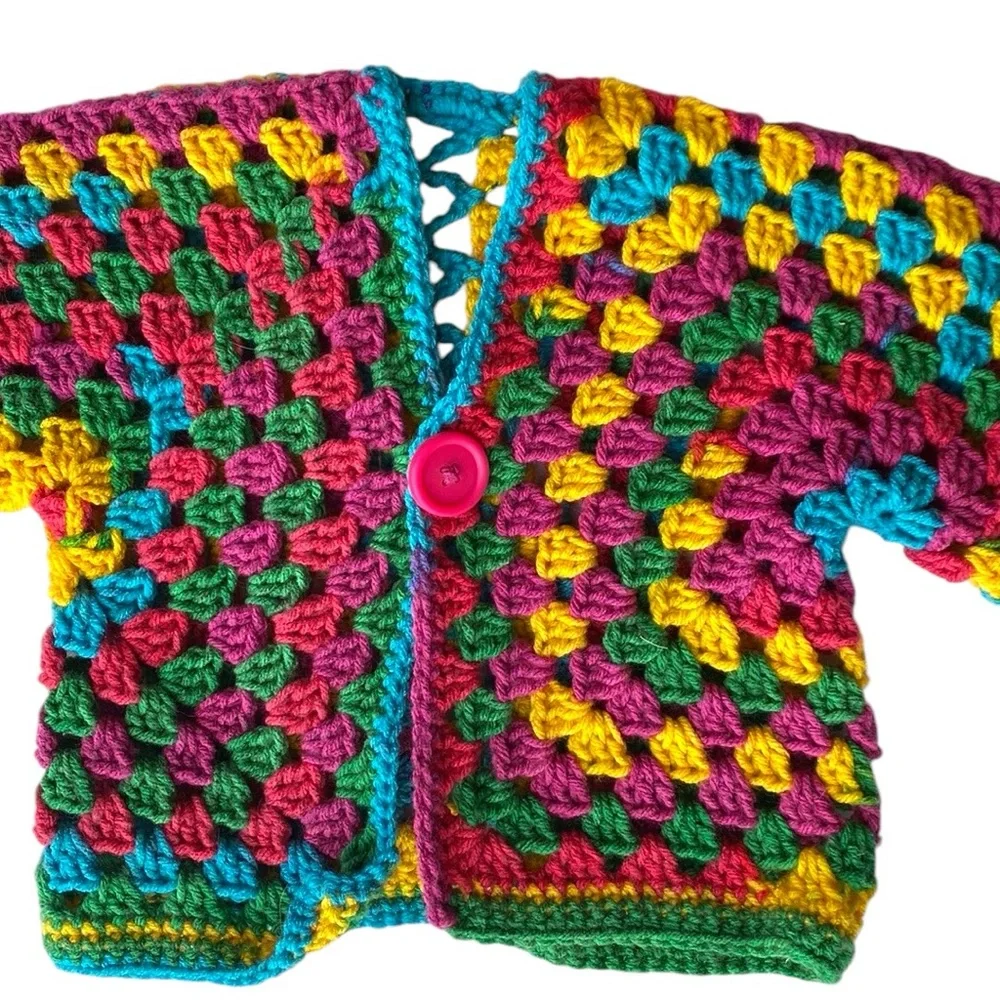 VINTAGE HANDMADE Crochet Sweater Cardigan Rainbow Hand Knit Handmade